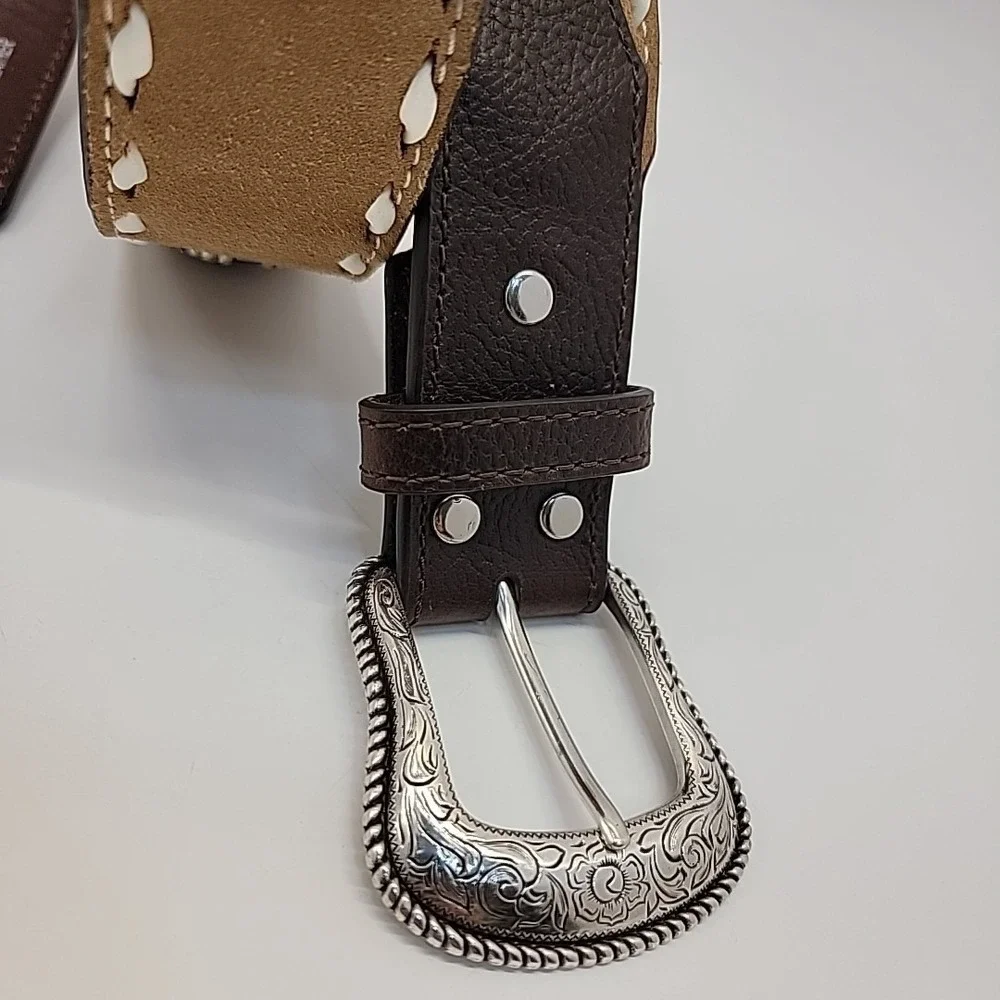 Nocona Belt Co. Silver Western Belt Size‎ 32 Two-tone Leather Brown Star Concho